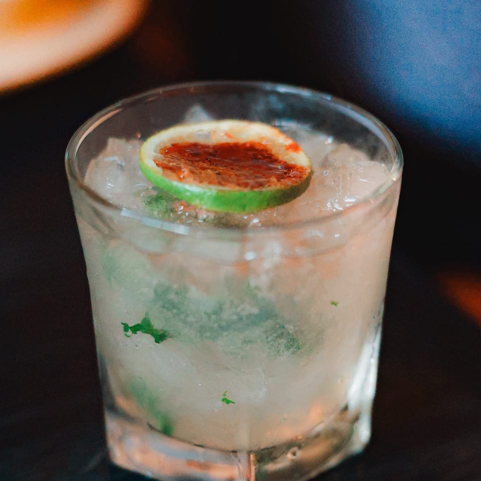 Icy pale cocktail in a square glass garnished with a charred citrus slice and fresh herbs.