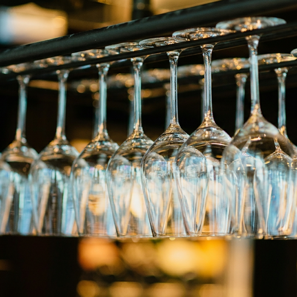 Rows of upside-down wine glasses hang from a rack above a warmly lit restaurant bar.